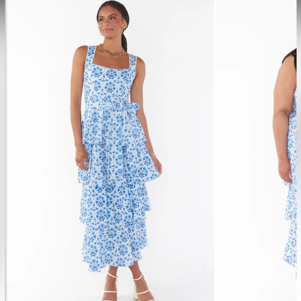Show Me Your MuMu Blue and White Floral Tiered Midi Dress
